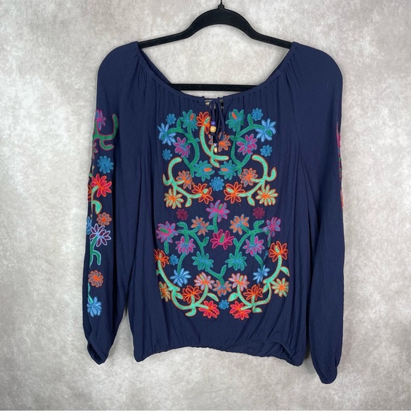 Soft Surroundings Emerald Shira Peasant Embroidered Blouse In Blue Women's Sz S - Picture 1 of 6